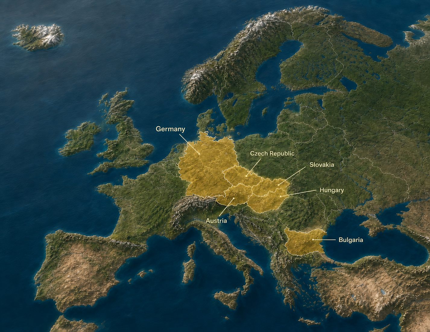 Hyperrealistic map of Europe with Czech Republic, Germany, Austria, Slovakia, Hungary, and Bulgaria highlighted in gold