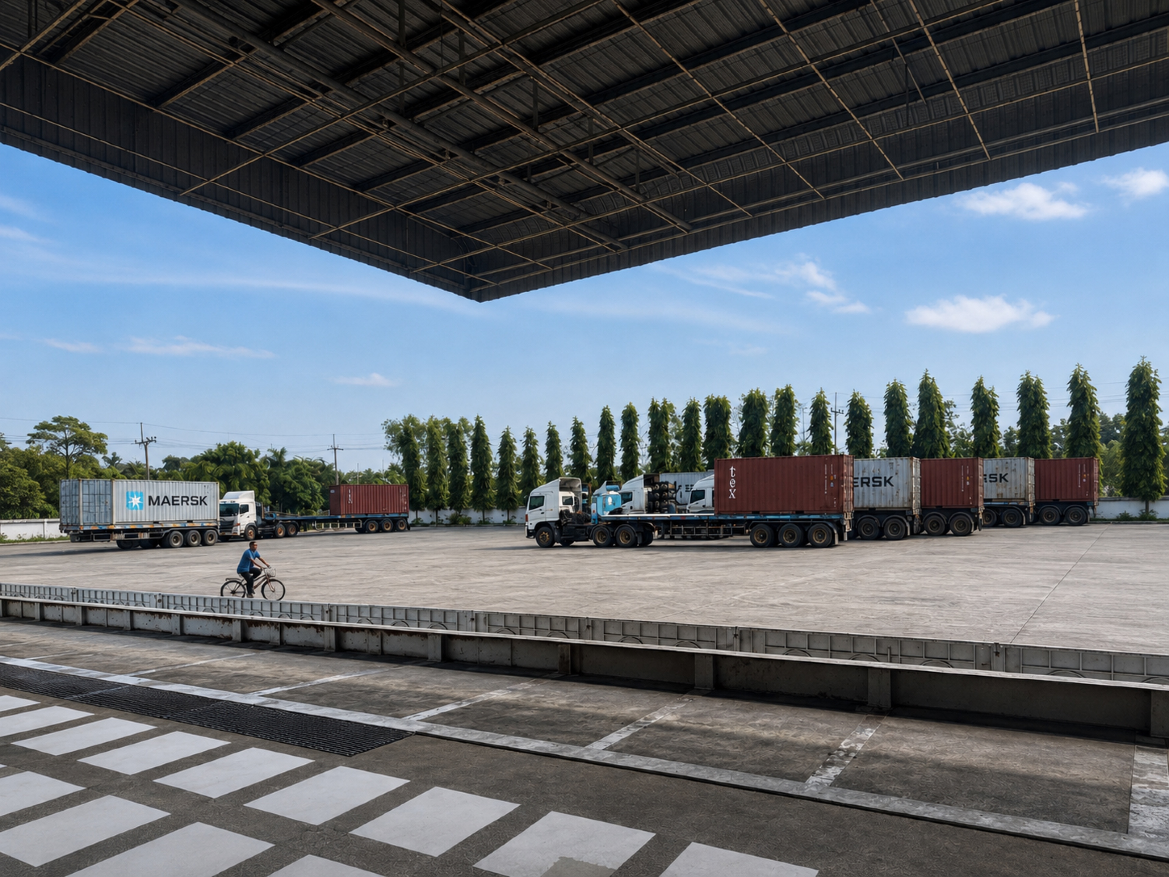 Rice shipment trucks at the warehouse loading area