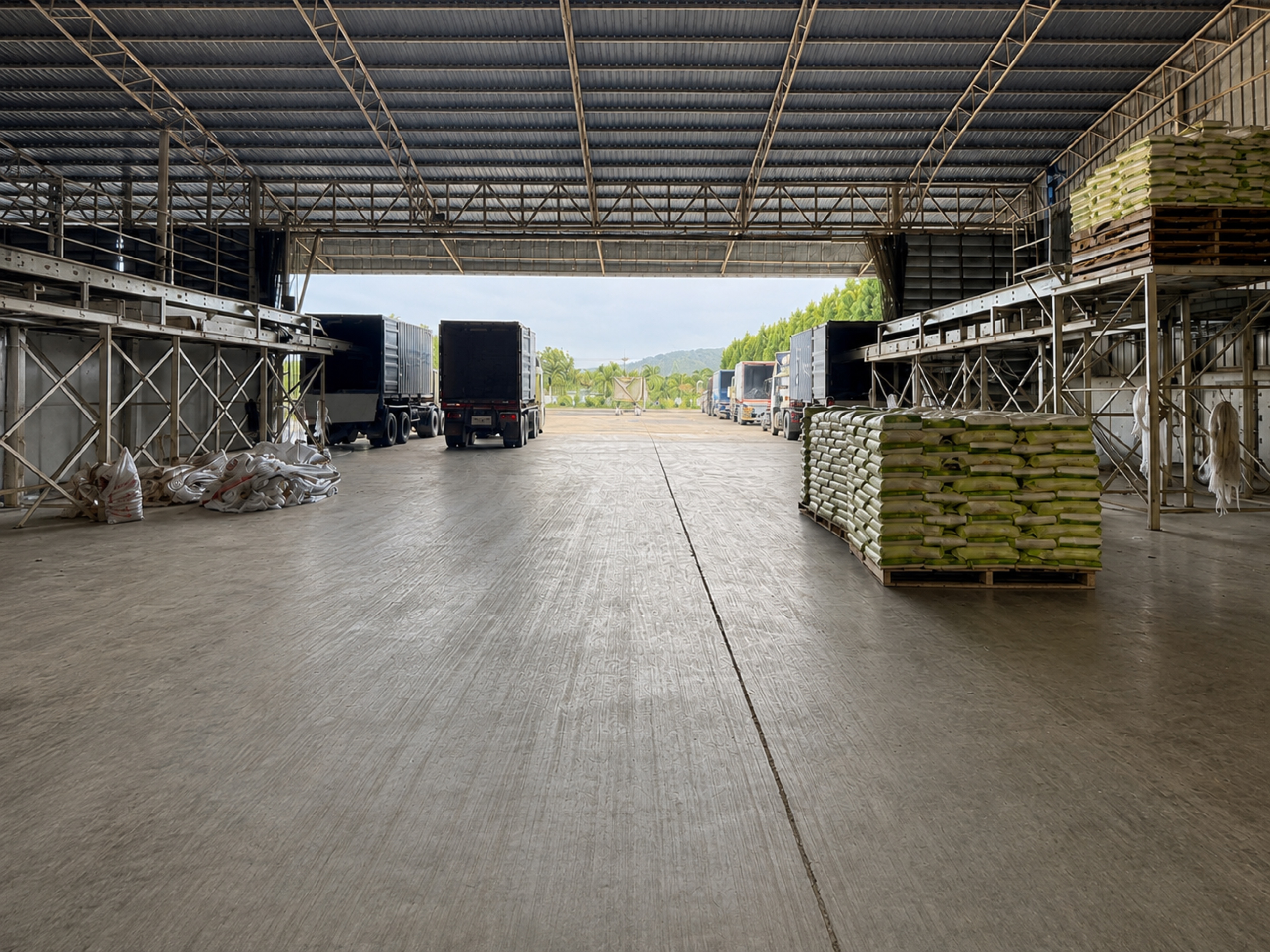 Rice pallets ready for loading at the warehouse dispatch area