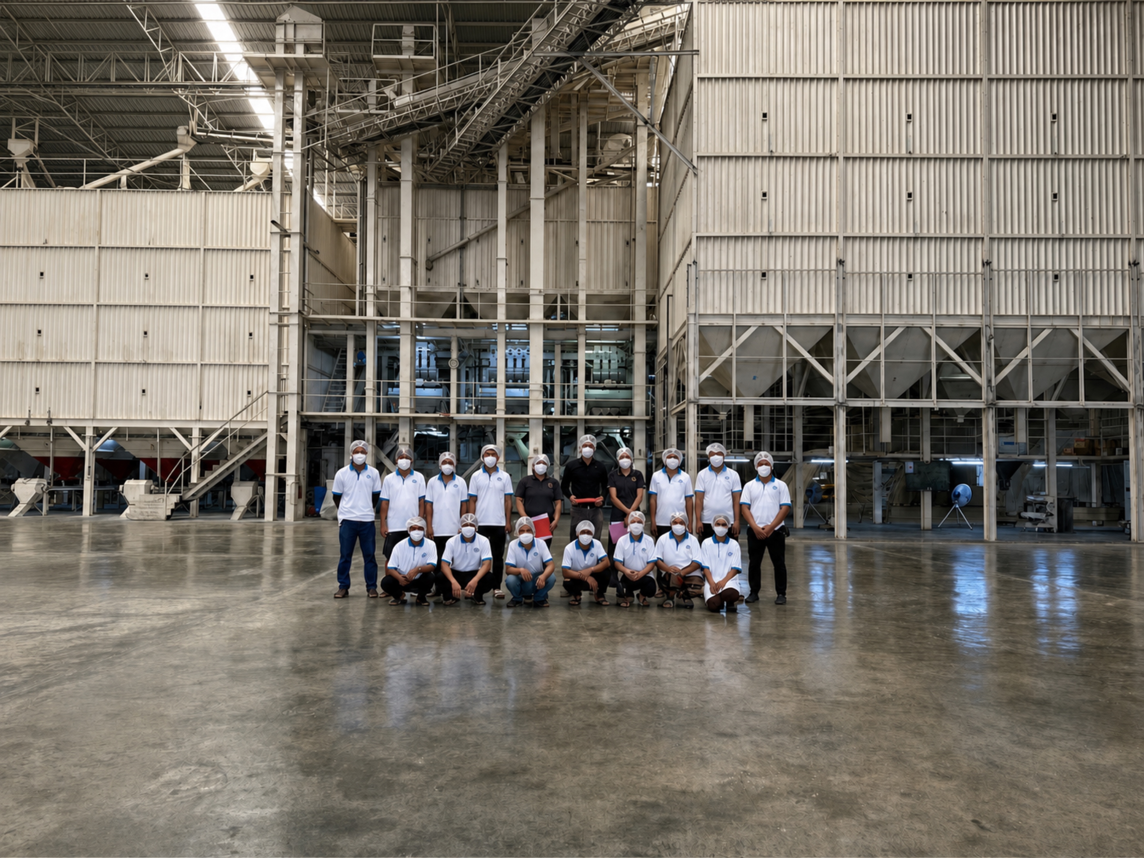 Rice production team gathered inside the modern warehouse