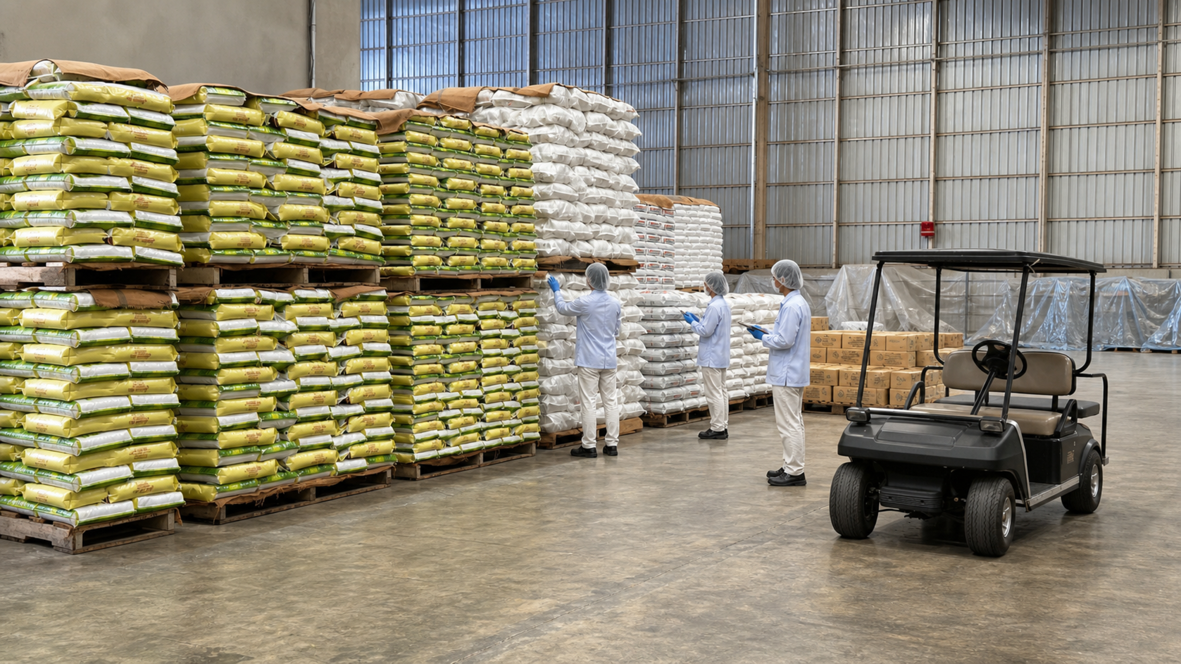 Warehouse team inspecting rice pallets in a modern production facility