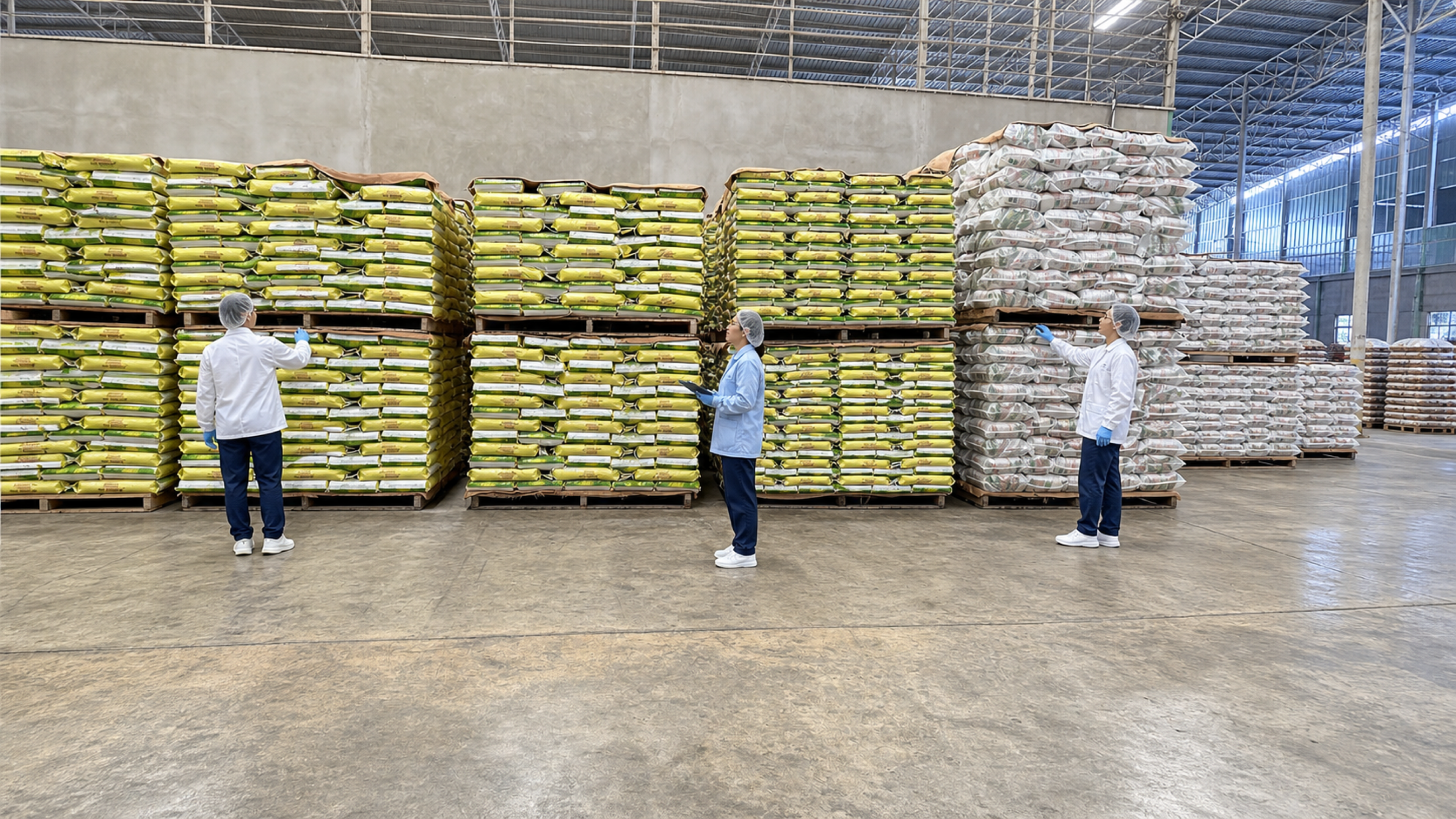 Quality team inspecting stacked bags of rice in the warehouse